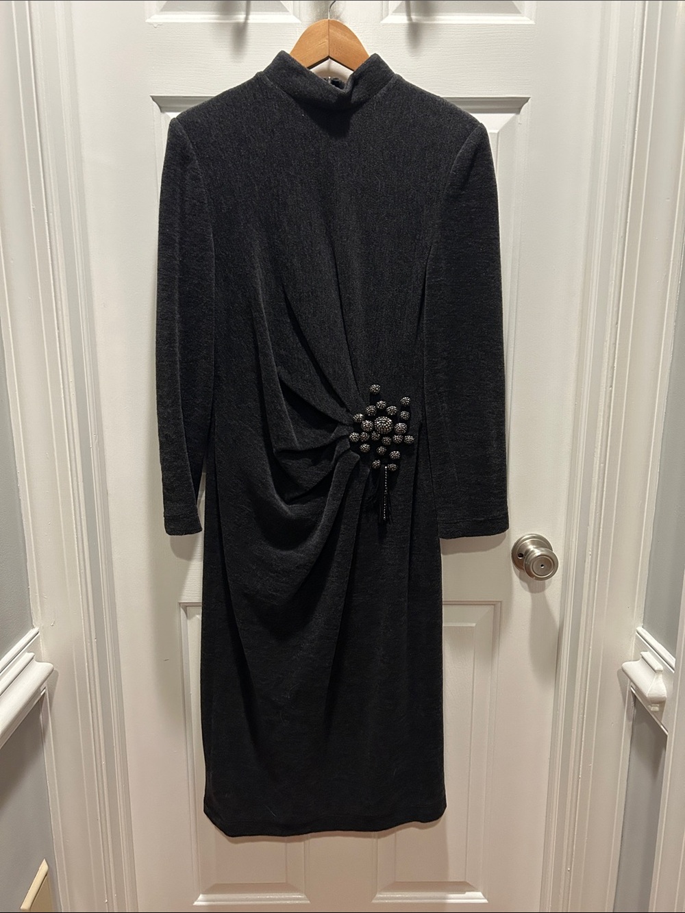 Louis Feraud Dark Gray Long-Sleeve Draped Midi Dress with Embellished Brooch